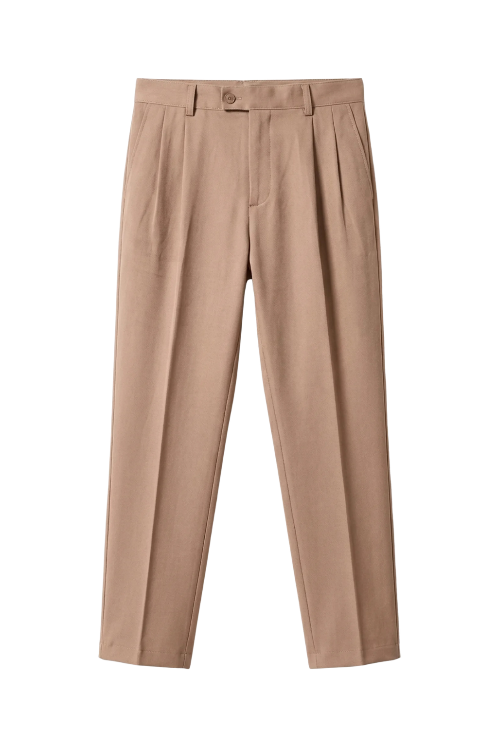 Beige pleated pants on a white background