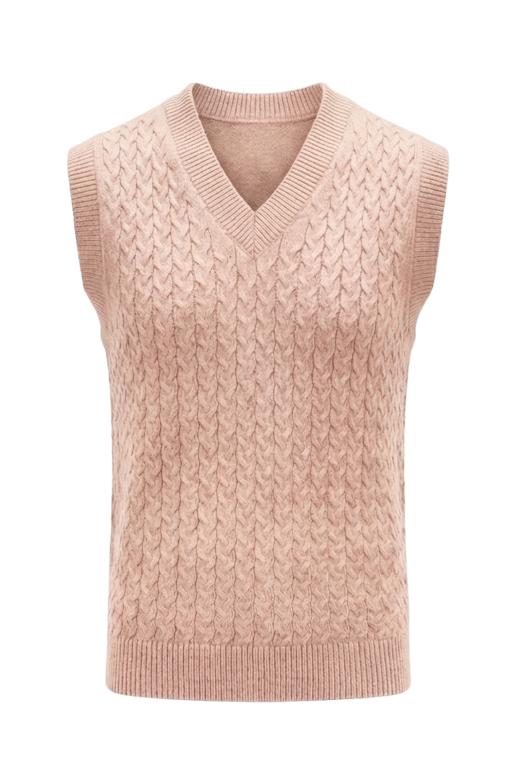 Pink cable knit sweater vest on a white background