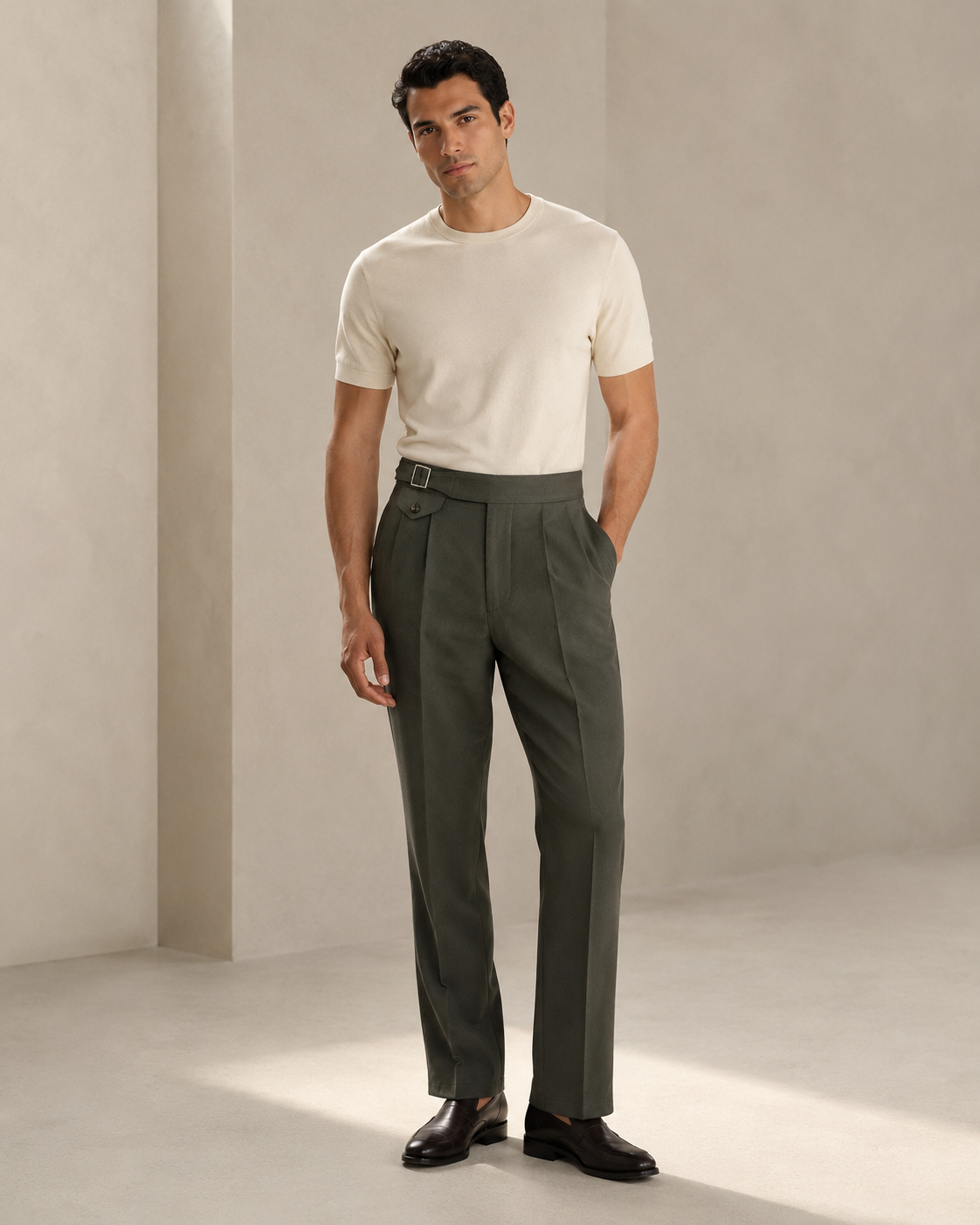 PLEATED GURKHA TROUSERS WITH BUCKLED WAIST