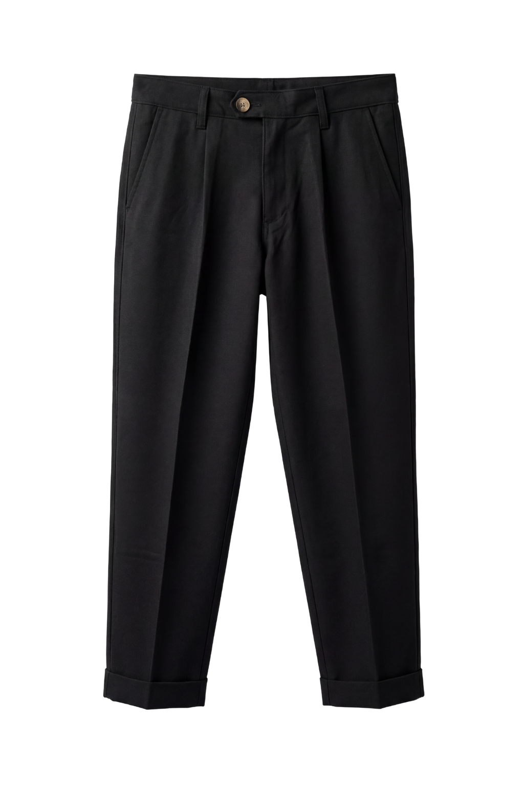 Black pleated pants on a white background