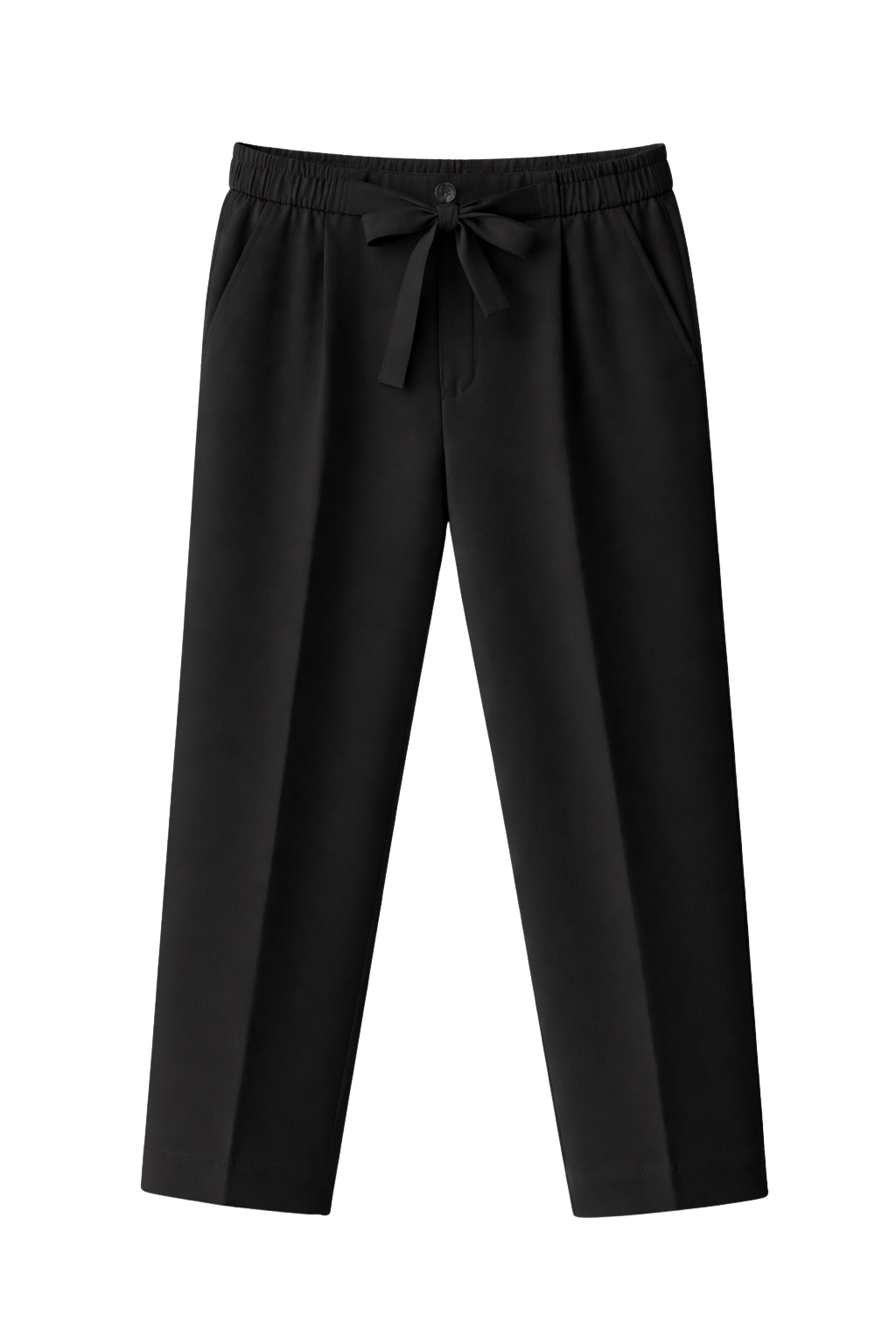 Black pants with a tie waist on a white background