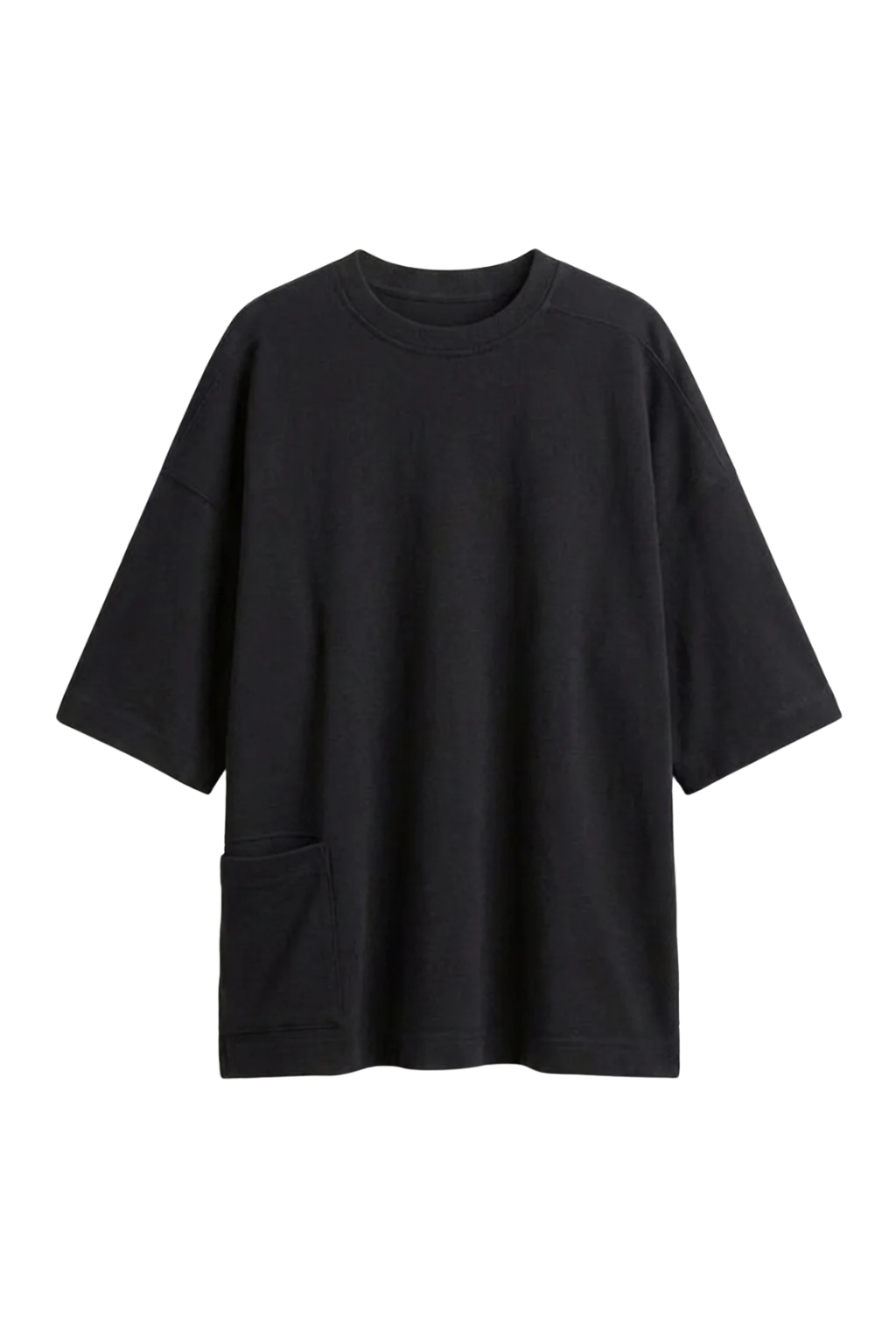 Black t-shirt with a pocket on a white background