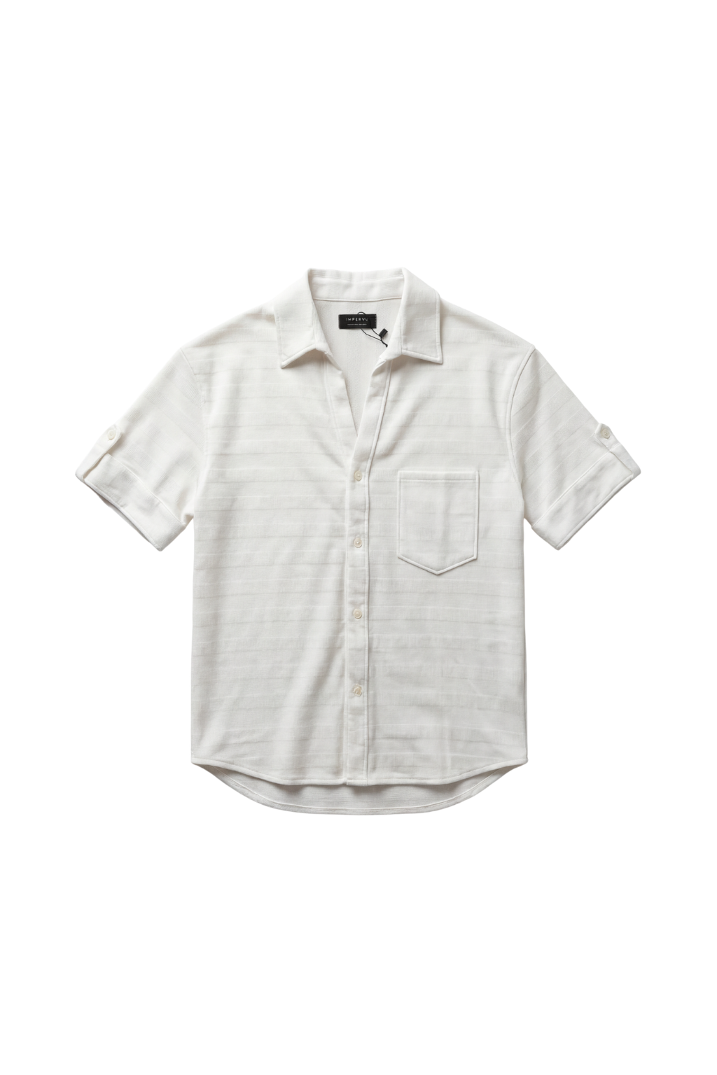 White short-sleeve button-up shirt on a white background