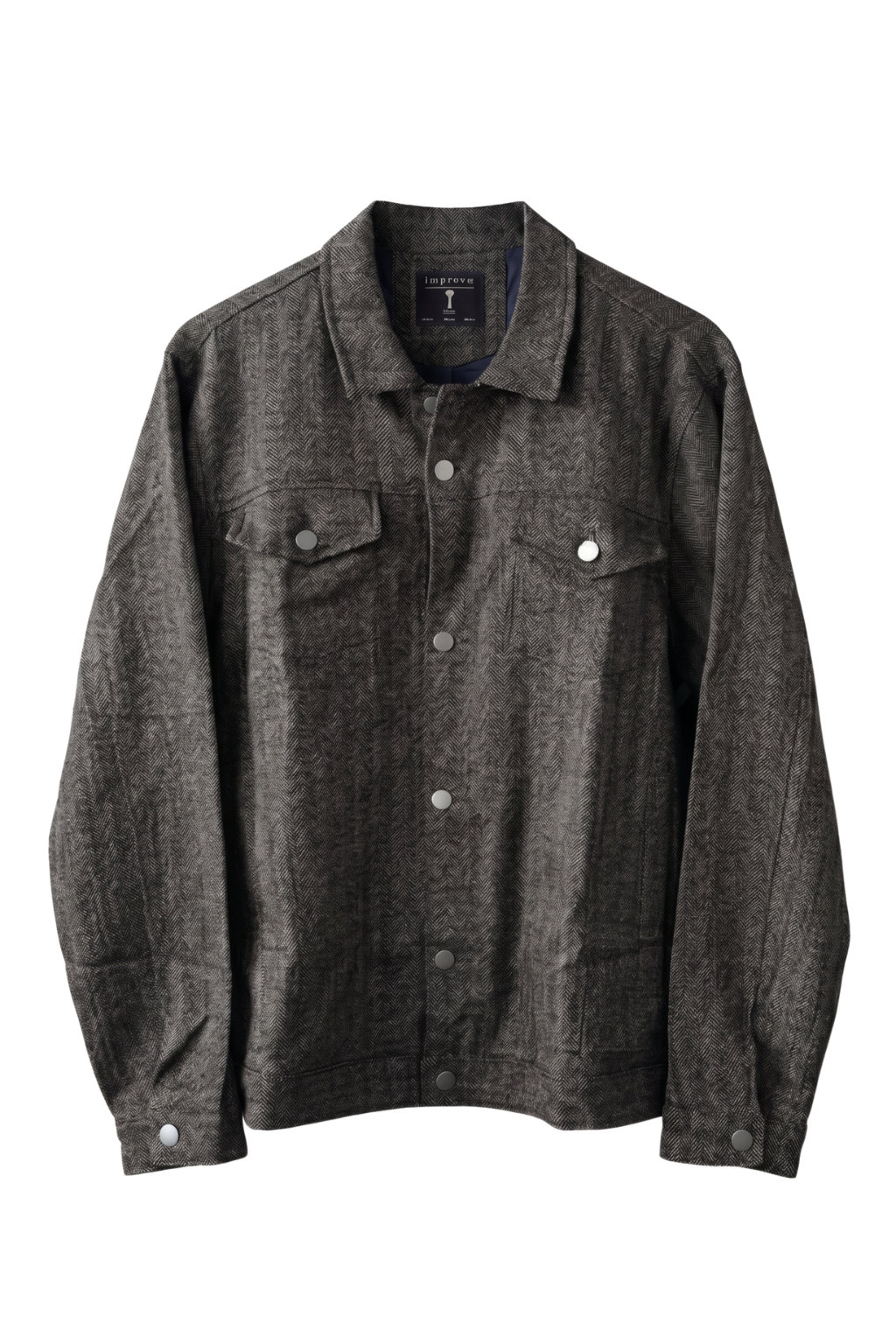 Dark gray denim jacket on a white background