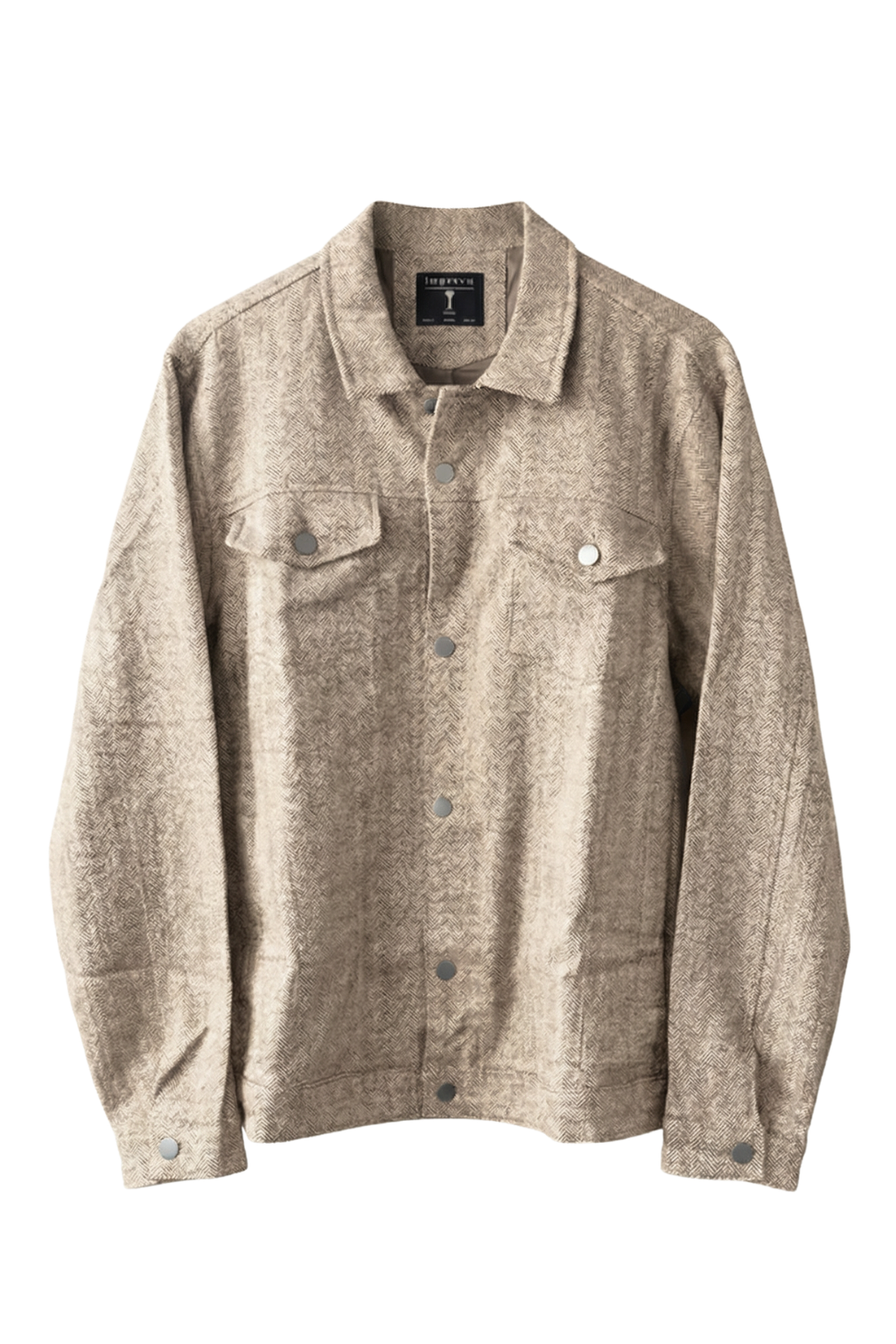 Beige jacket with button details on a white background