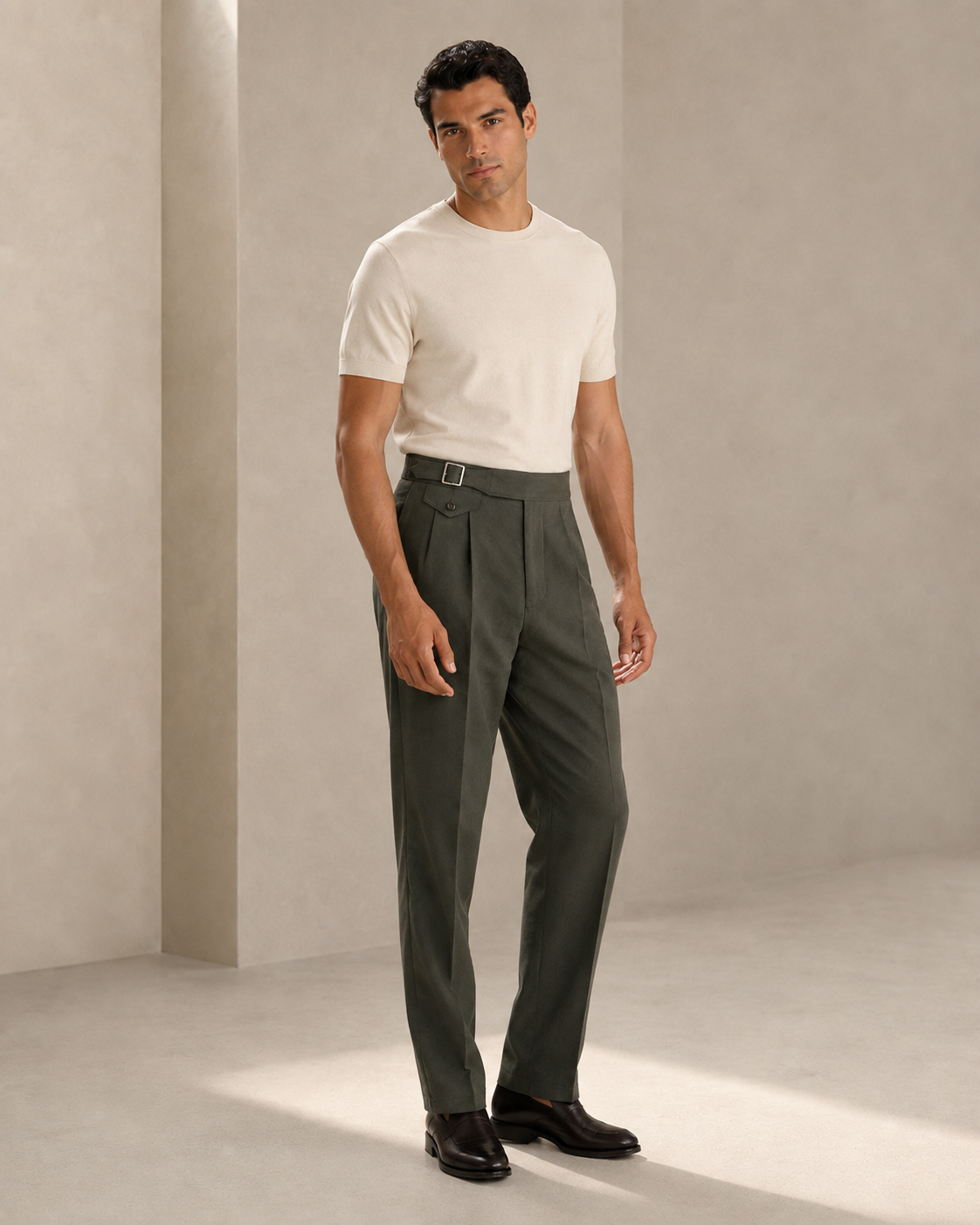 PLEATED GURKHA TROUSERS WITH BUCKLED WAIST