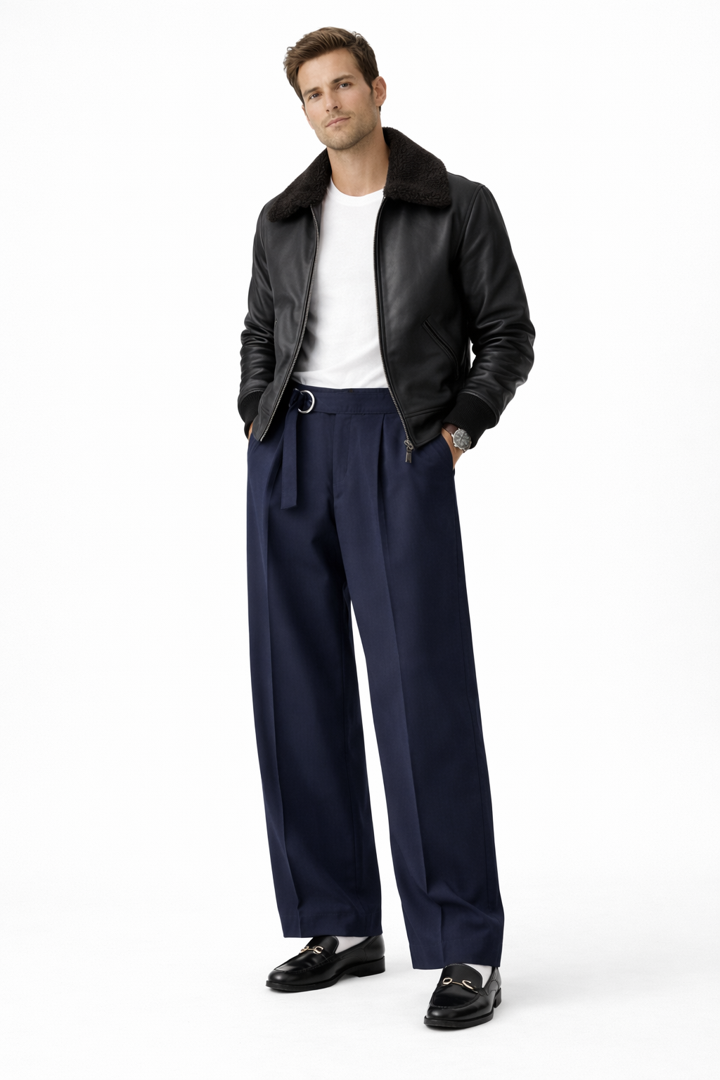 Close-up of the premium tailored fabric and wide-leg silhouette