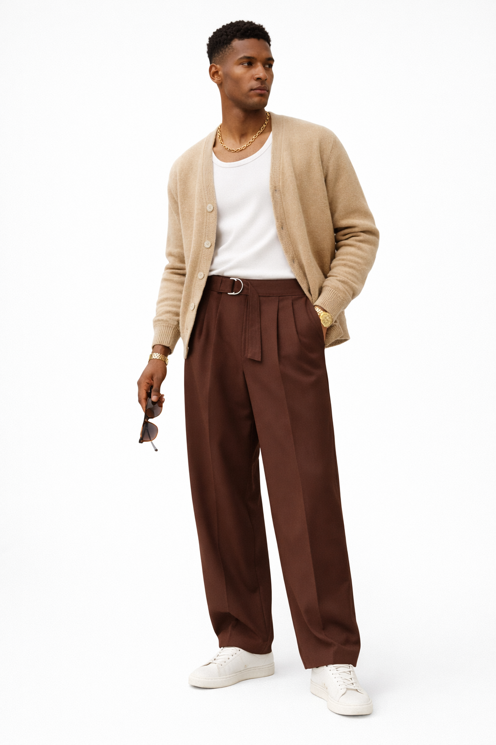 Front view of the Desert Beige Pleated Trousers with sharp double front pleats