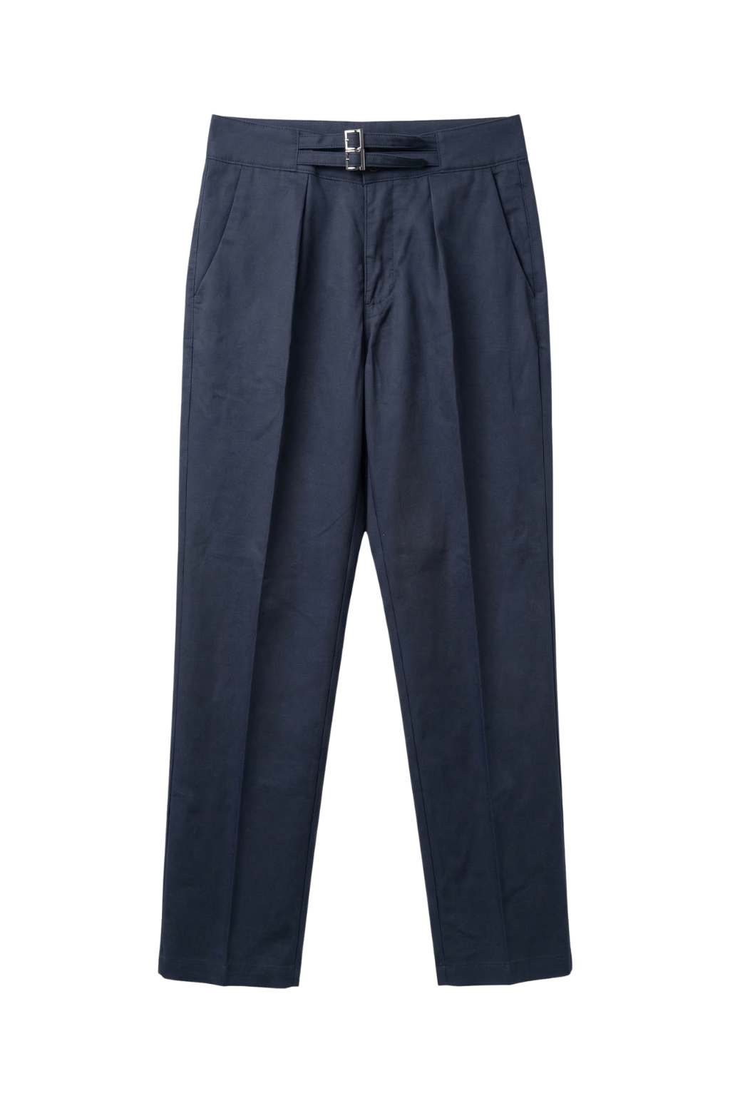 Navy blue pants with a belt on a white background