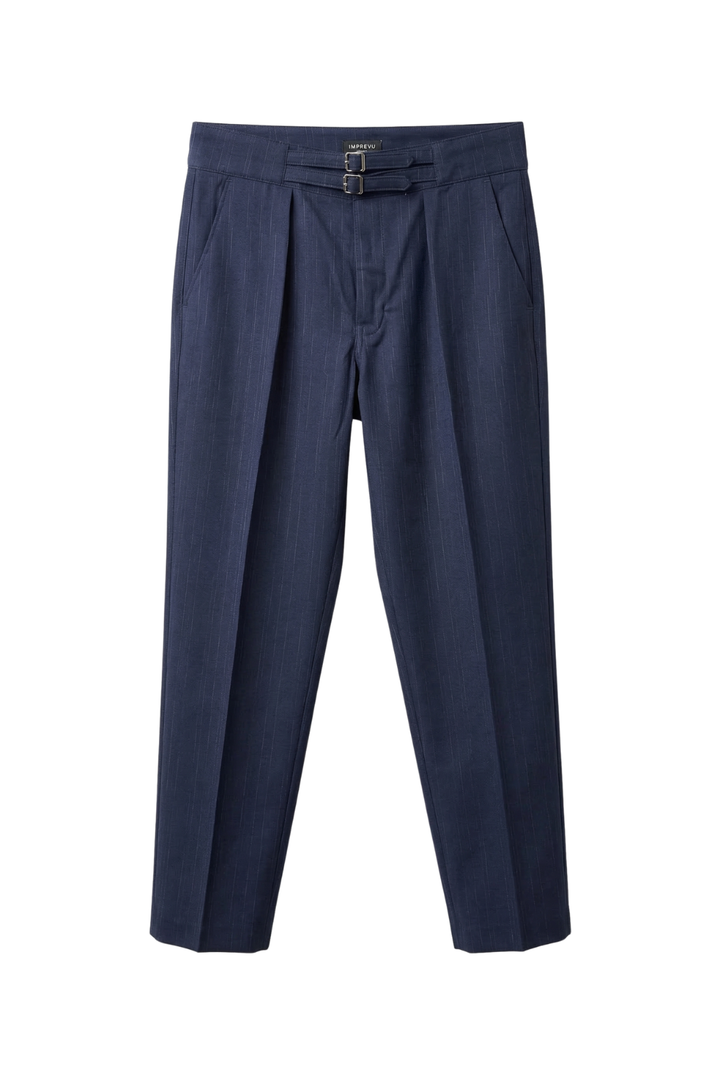Navy blue pants with a belt on a white background