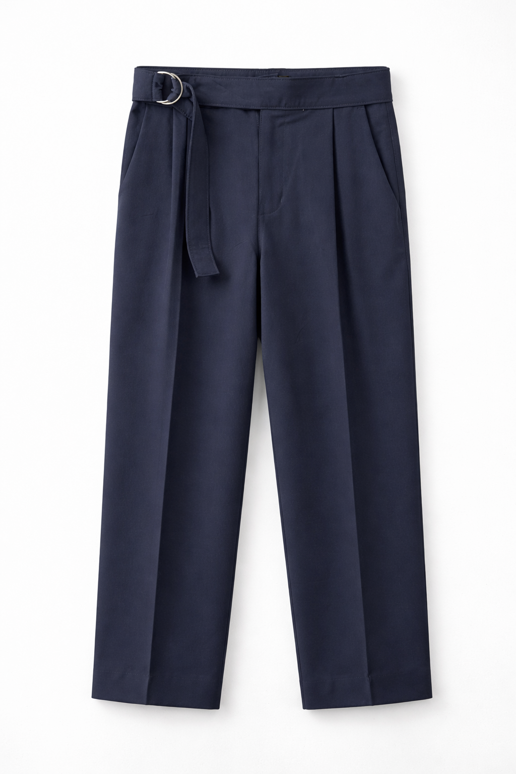 Navy blue pants with a belt on a white background
