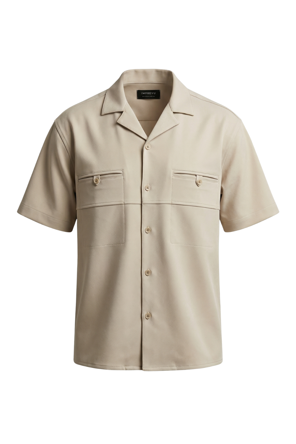 Beige short-sleeve shirt with button details on a white background