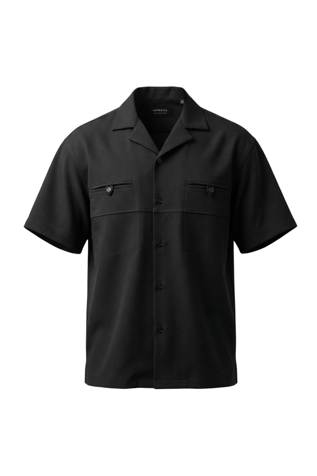 Black short-sleeve shirt with button details on a white background
