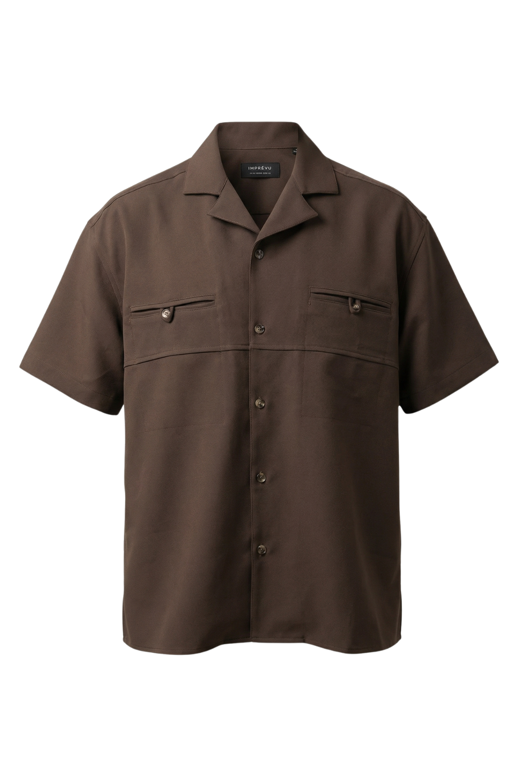 Brown short-sleeve shirt with button details on a white background