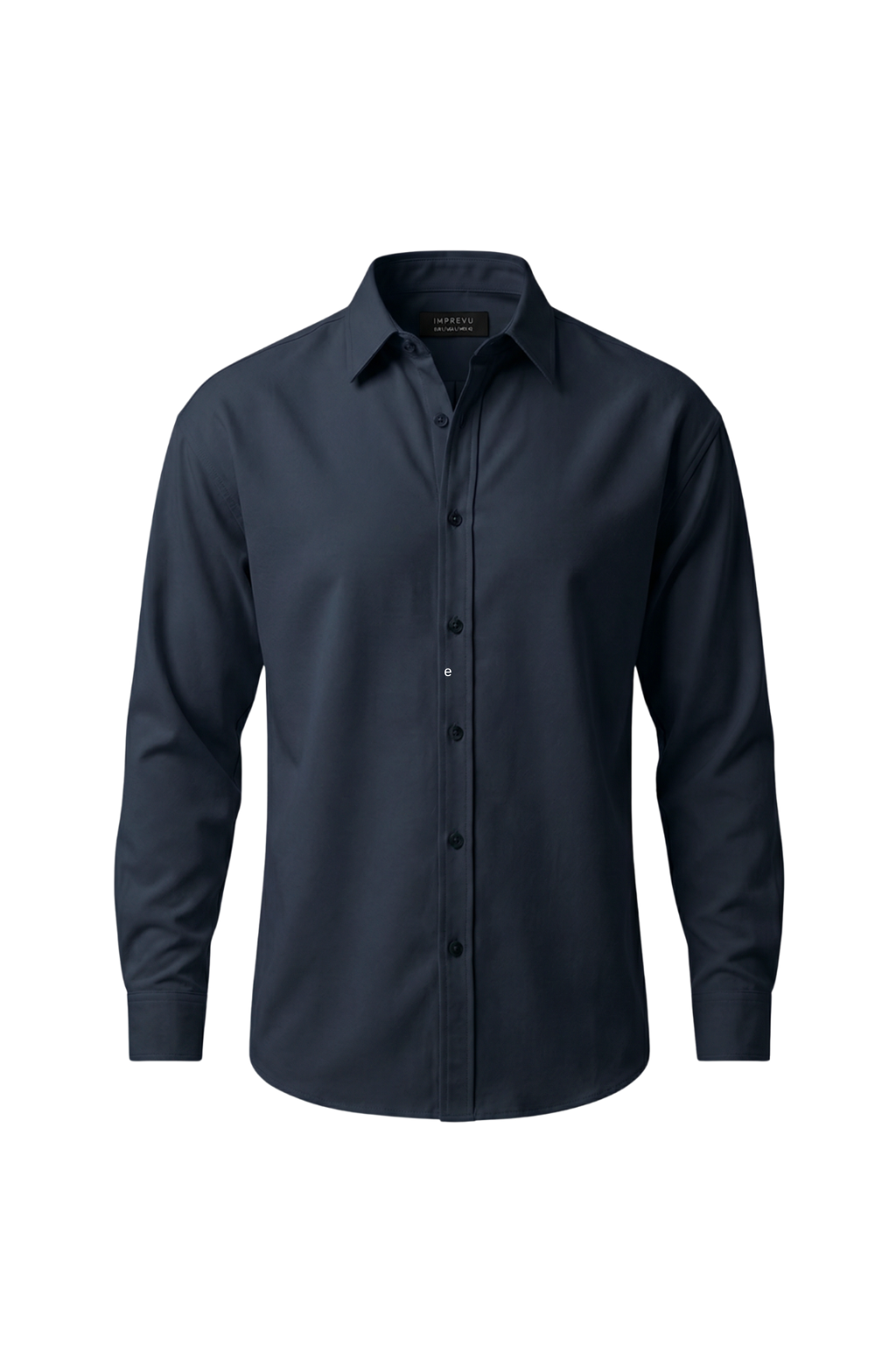 Navy blue button-up shirt on a white background