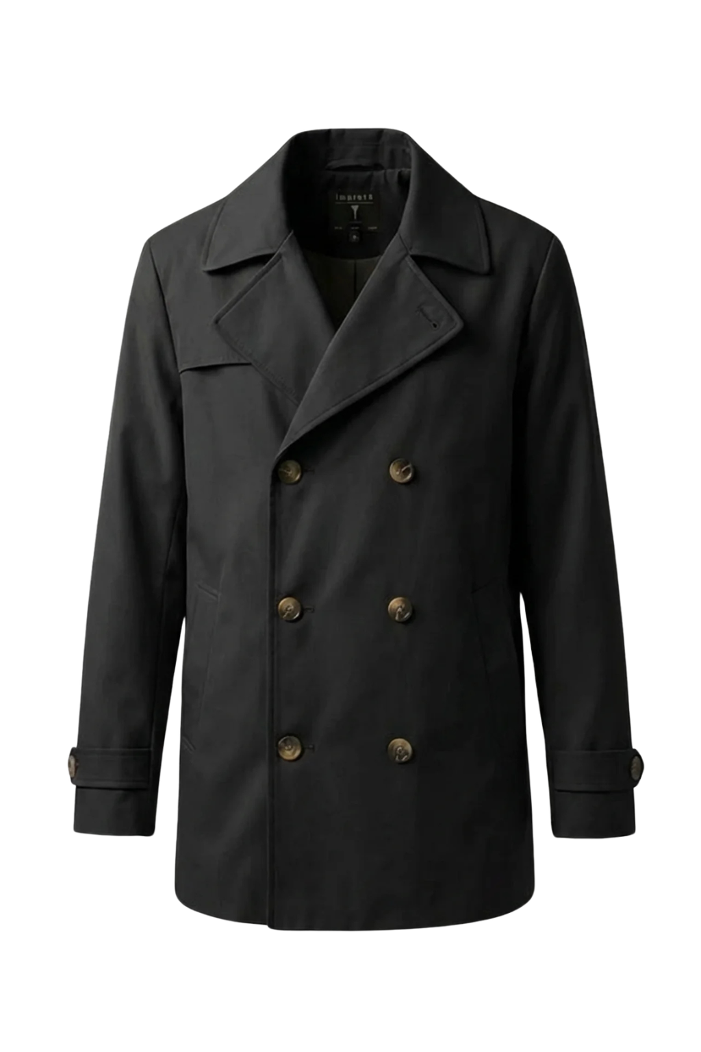 Black trench coat with double-breasted buttons on a white background