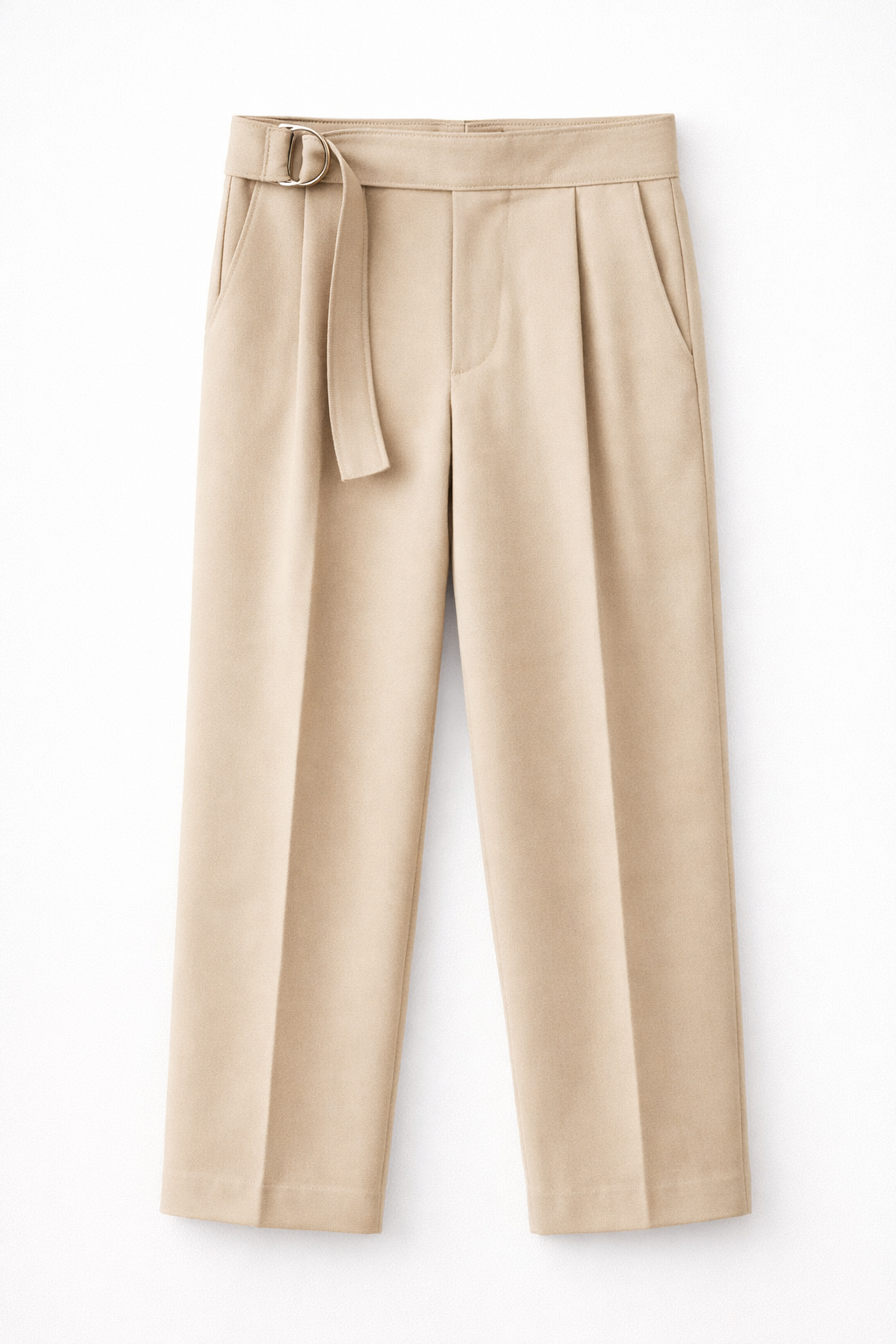 Styled versatile beige trousers paired with a cardigan for a refined look